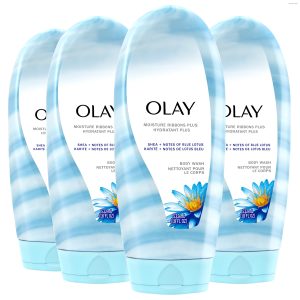 Olay Moisture Ribbons Plus Shea + Blue Lotus Body Wash, 18 Fl Oz, Pack of 4